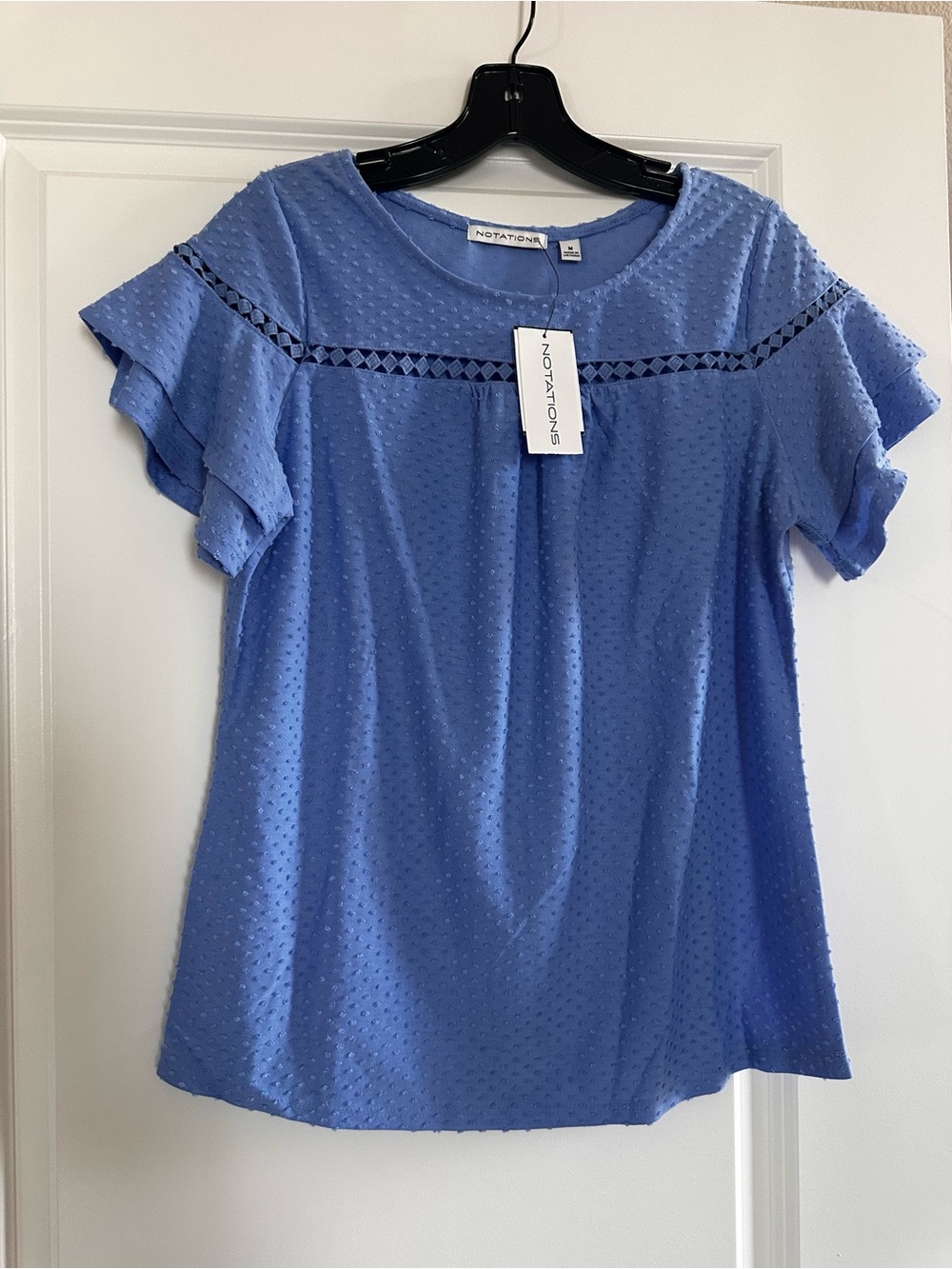 Notations Light Blue Swiss Dot Ruffle Sleeve Top